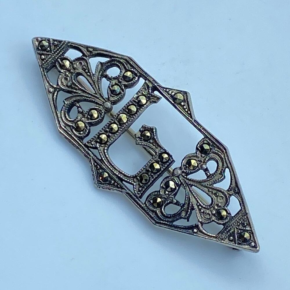VTG Art Deco Sterling Silver Brooch Letter G Monogram Marcasite Filigree Pin